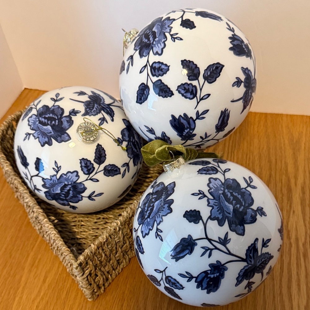 Three Blue Floral Decorative  6inch Orbs/Ornaments